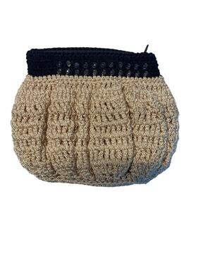 Unbranded Handmade Crochet Knit Coin Pouch Beige Black Zip Mini Cream
